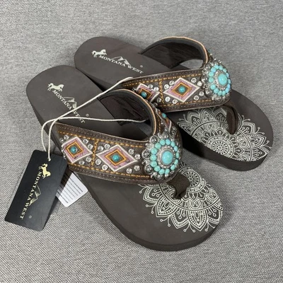 Sandálias chinelos astecas femininas Montana West tamanho 9 Bling Concho turquesa *FLAW* - Imagem 1 de 4