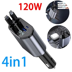Retractable 4in1 Car Fast Charger For iPhone Car Charger 120W USB Type C Cable - Picture 1 of 9