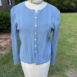 Jones New York Country Blue Silk & Cotton Cardigan Sweater Size Medium - Picture 1 of 11
