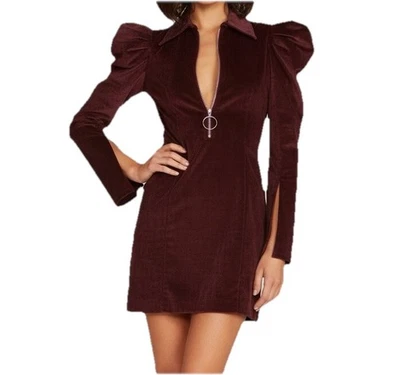 Vestido PETERSYN Cassie Puf Mangas Media Cremallera Pana Fina Berry Wine Talla Pequeña Foto 1 de 4