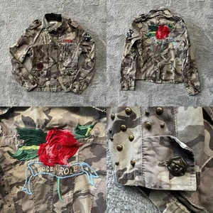 Love-Stitch Womens Camouflage Jacket Embroidered Rose Metal Buttons Size Large - Picture 1 of 11