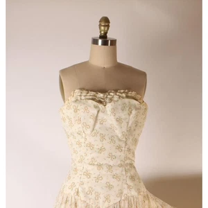 1940s Cream Pink Green Floral Bow Flocked Velvet Strapless Formal Dress - Picture 1 of 10