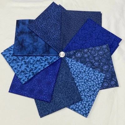 Navy Blue 9 Pc Cotton Fabric Bundle FQ Half Full Yard Assortment Quilt - Image 1 of 4