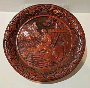 Plato de laca de cinabrio tallado chino vintage de 9,5" - Período Revolución Cultural - Imagen 1 de 15