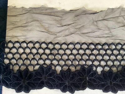 5 3/4 YDS SCALLOPED BLACK VELVET FLORAL RAYON EMBROIDERED ON NYLON NET - Image 1 of 4