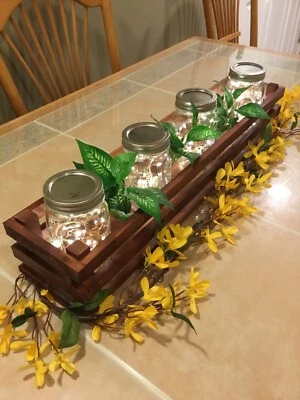 Centro de mesa (4) frascos de albañil con luces marrón decoración de granja madera   Foto 1 de 4