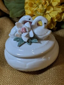 Vtg Porcelain Swans & Flowers Dresser Stand Trinket Bowl w/Lid Old Estate Items - Picture 1 of 13