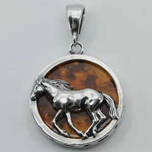 Cognac / Brown BALTIC AMBER Round Horse Pendant 925 STERLING SILVER #4101 - Picture 1 of 3