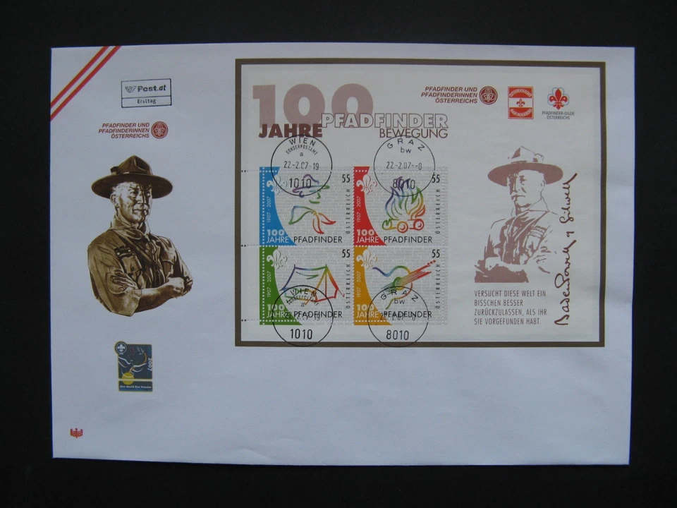 AUSTRIA, cover FDC 2007, S/S 100 years scouting, Baden Powel, canc. Graz + Wien - Image 1 of 1