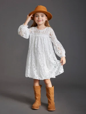 Girls Lace Long Sleeve Pink Dress Baby Kids Bohemia Princess Party  Costumes - Image 1 of 4