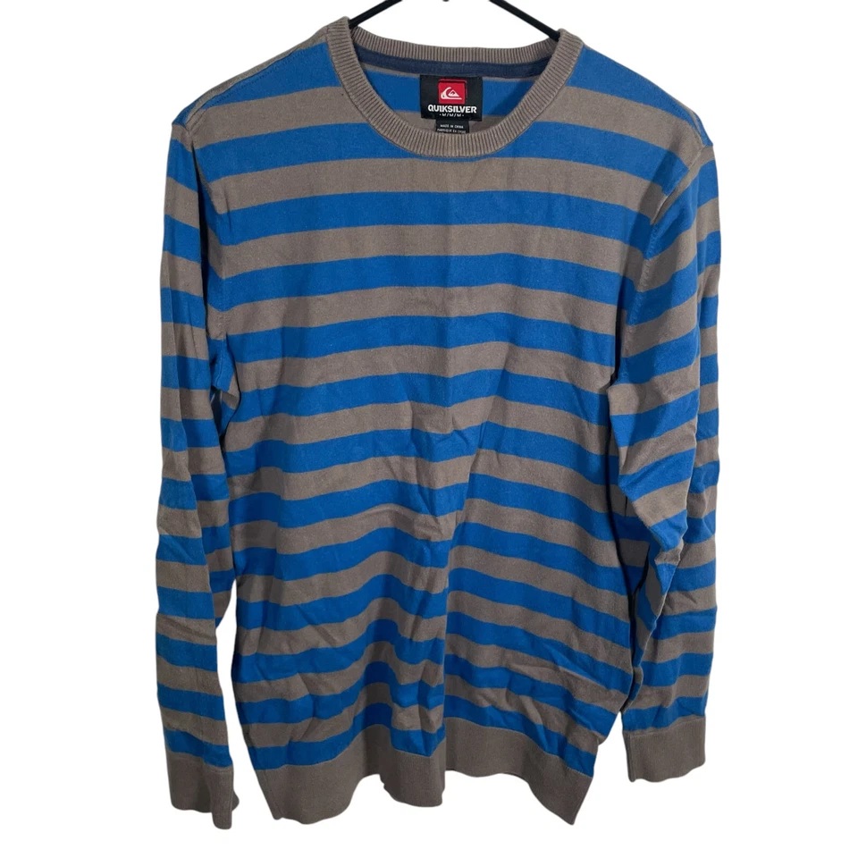 Quiksilver 条纹毛衣男式中号蓝色灰色圆领冲浪针织冬季 * — 第 1/4 张图片