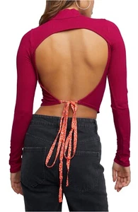 Free People Edge Of Town Open Back Tie Mock Turtleneck Cropped Top Shirt XS - Picture 1 of 5