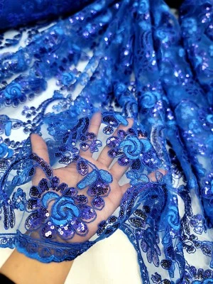 Royal Blue Lace Corded Design Embroidered With Sequins Mesh Lace Fabric By Yard - Image 1 of 4