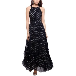 Betsy & Adam Women's Chiffon Printed Halter Gown, Navy/Copper Metallic Size 10 - Picture 1 of 2