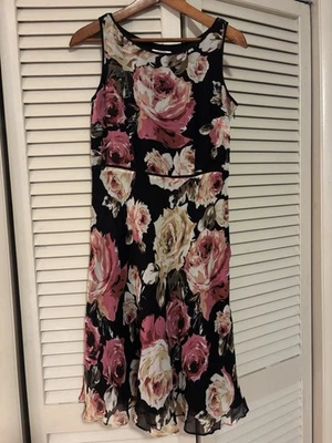 Vestido Talbots Petites Pura Seda 6P Negro Oscuro Floral Funda Forrada De Colección Años 90 Foto 1 de 4