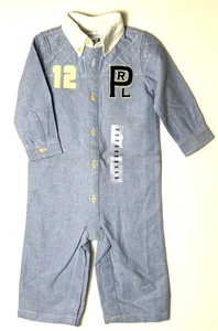 Ralph Lauren Baby Junge 9m Baumwolle Einteiler Overall Blau Patches Preppy Baby - Bild 1 von 12