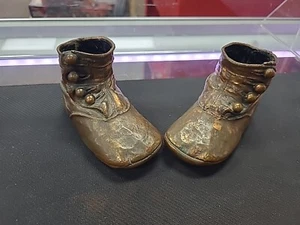 Vintage Pair Bronze Baby Shoes  Booties 1930s Side Buttons - Picture 1 of 7