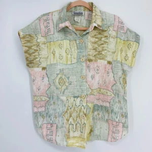 Connections Womens Button Front Shirt Multicolor Abstract Cap Sleeve USA Artsy M - Picture 1 of 4