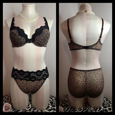 Nuevo conjunto de sujetador/panty vintage de encaje de leopardo de Victoria's Secret 34C/pequeño Foto 1 de 4