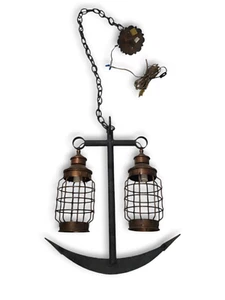 VTG Rustic Metal Anchor Chandelier w/ 2 Brass Caged Lantern - Picture 1 of 12