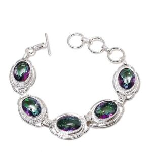 Mystic Topaz Gemstone Handmade 925 Sterling Silver Jewelry Bracelet Sz 7-8"