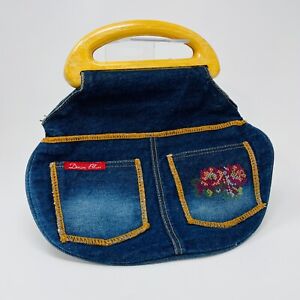 Denim Blues Handbag Boho Embroidered Pockets and Wooden Handles