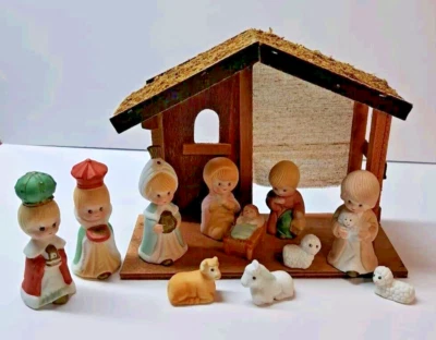Belén Set 11 Estatuillas Infantiles Porcelana Madera Creche Navidad Vacaciones Decoración Foto 1 de 4
