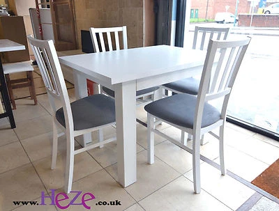 SET of WHITE extending dining table & 4 wooden chairs with houndstooth fabric Ma - Image 1 of 4