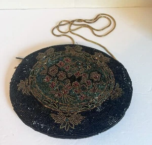 Vintage Andre Cellini Black Floral Beaded Attached Chain Fancy Evening Bag Purse - Picture 1 of 5