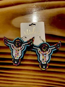 Earrings Seed Beads Cow Skulls Colorful Flowers Western Drop Fashion Jewelry - Picture 1 of 4