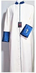 Clergy, Minister, Pastor, Preacher Men's Robe Cream with Royal Blue Cuffs - Picture 1 of 2
