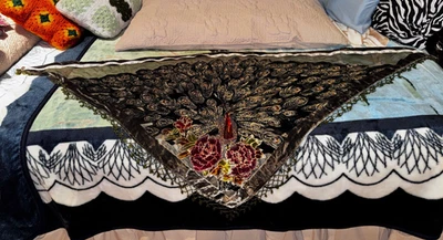 Rabella VTG Peacock Print Silk Burnout Velvet Beaded Fringe Green Scarf Shawl - Image 1 of 4