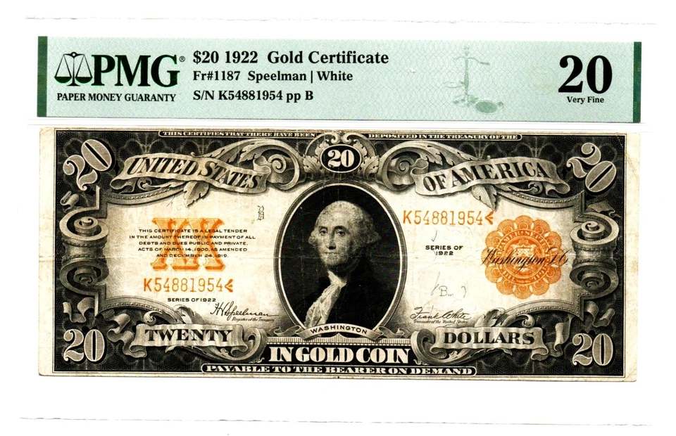 Fr. 1187 1922 Gold Certificate PMG Very Fine 20 - Image 1 of 2