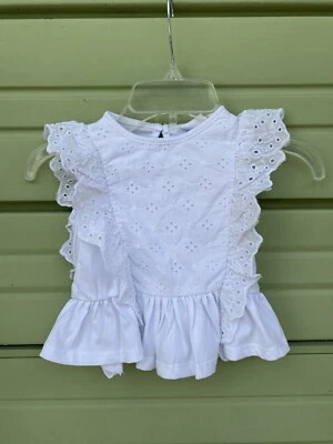 NWT Zara White Baby EMBROIDERED RUFFLE T SHIRT Sleeveless  Size 9-12 m B1413 - Image 1 of 4