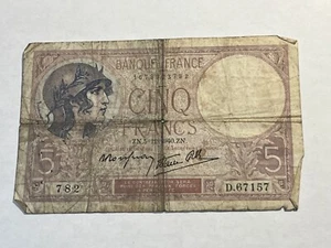 Banknote Frankreich 5 Francs lila Frau mit Helm 5.12.1940 (143-3/A018) - Bild 1 von 2