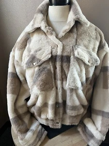 Jade & Ivory Plaid Faux Fur Jacket by 26International. Neutral colors Size S NWT - Picture 1 of 7