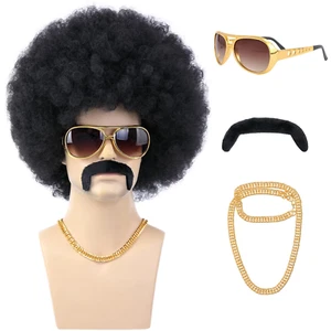 Peluca afro negra de los años 70 para hombre con cadena para gafas y bigote, cor - Imagen 1 de 12