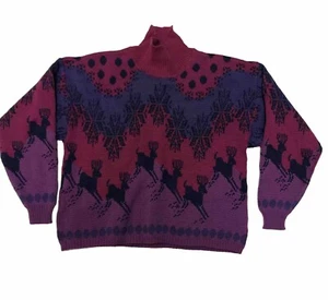 1989 Demetre Ski Sweater 100% Wool Women M Purple Pink Deer Snowflake USA-Made - Picture 1 of 10