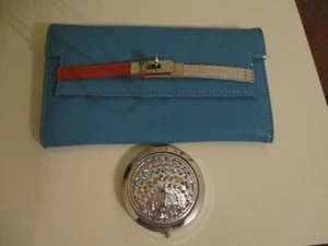Double sided handbag mirror, raised peacock lid + faux leather blue wallet/purse - Picture 1 of 9