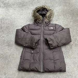The North Face 550 Gotham 2.0 Down Puffer Jacket Girls Medium Purple Hoodie Fur - Picture 1 of 16