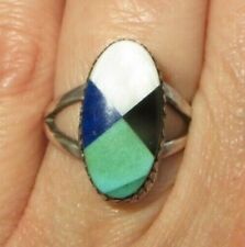 Old Pawn STERLING SILVER Multi-Gemstone Inlay AUSTIN GARCIA Oval Ring, Size 7
