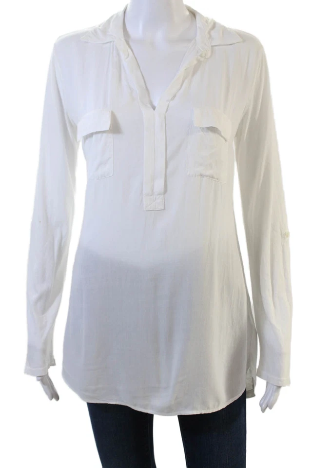 Espléndida blusa túnica mujer blanca 100 % seda cuello en V manga larga talla XS Foto 1 de 4