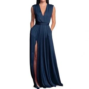 Dress the Population Krista Marineblaues Maxikleid aus Satin mit tiefem Ausschnitt und Seitenschlitz Small - Bild 1 von 7