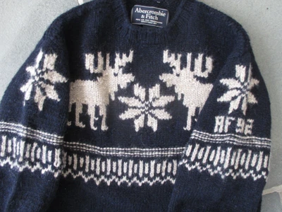 ABERCROMBIE & FITCH Men WOOL Moose FAIR ISLE Knit SWEATER Nordic Ski Vtg 92 L - Image 1 of 4