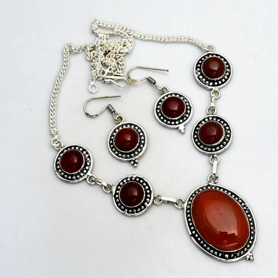 Carnelian Gemstone Ethnic Handmade Necklace+Earring Jewelry 38 Gms AN 14991 - Image 1 of 1