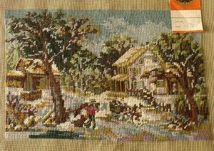 Vintage Antique Needlepoint Tapestry Completed Handmade Country View After Snow - Picture 1 of 4