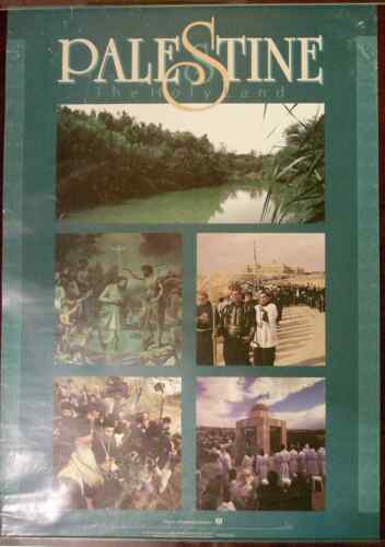 Oryginalny plakat turystyczny z lat 80. Palestyna Ziemia Święta Religia ONZ Isus