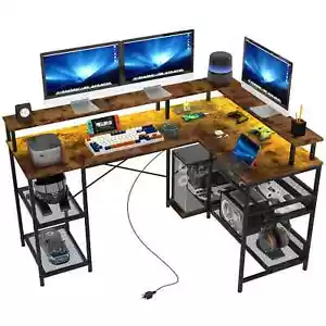 L-Shaped Gaming Desk 150cm LED Lights Power Outlets Monitor Stand Corner Brown - Picture 1 of 11