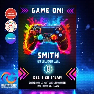 EDITABLE Video Game Party Invitation, Level Up Birthday Invite, Blue Neon Glow - Picture 1 of 7