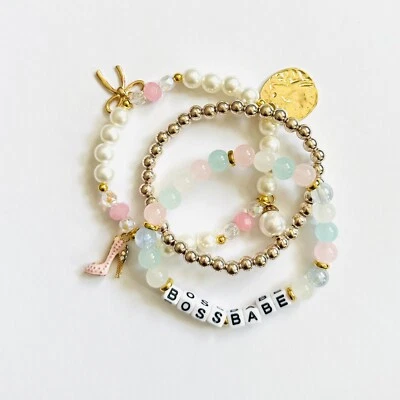 Juego de 3 Pulseras Elásticas Apilables Coloridas Coral Oro Rosa Cuentas BOSS BABE Foto 1 de 4